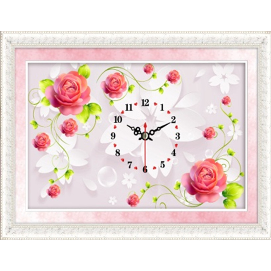 Tranh đính đá đồng hồ hoa hồng DLV011 Kích thước 80cm x 53cm