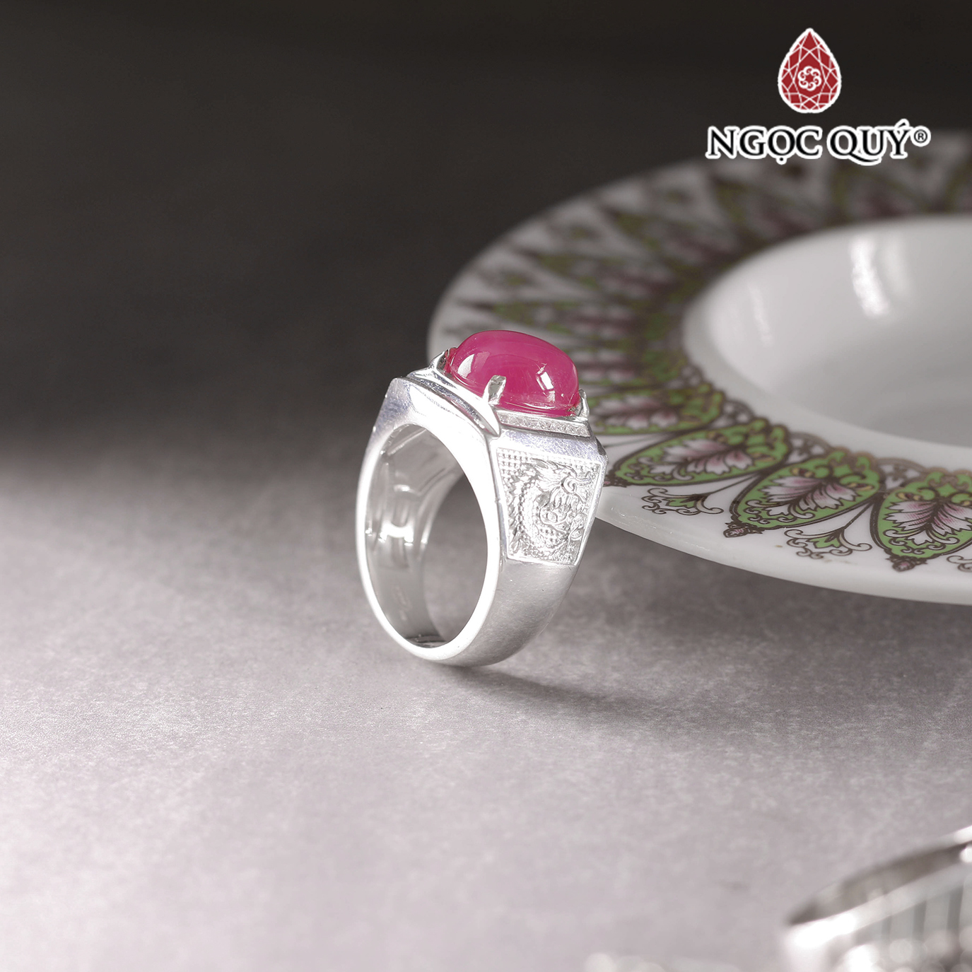 Nhẫn bạc nam mặt đá Ruby 12x10mm Ni19 mệnh hỏa, mộc - Ngọc Quý Gemstones