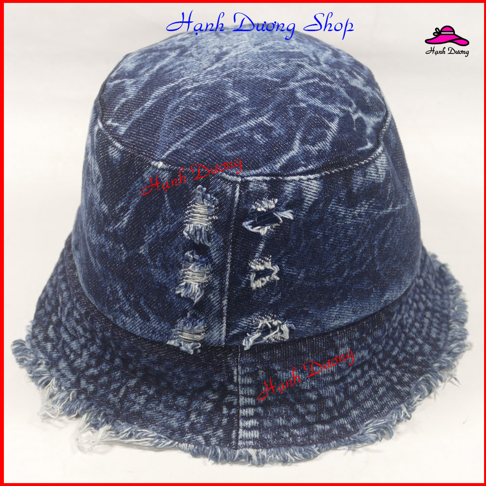 Mũ bucket jean viền rách tua rua thêu chữ B thời trang, phù hợp cho cả nam và nữ