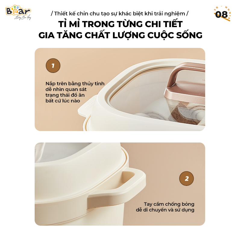 Nồi Nấu Chậm Bear 1,6L Đa Năng 6 Chế Độ Ninh Nấu Hầm Hấp Tiết Kiệm Thời Gian Giữ Trọn Chất Dinh Dưỡng - SB-NNC16 Hàng chính hãng