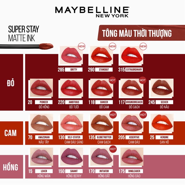 Son Kem Lì 16h Lâu Trôi Maybelline New York Super Stay Matte Ink Lipstick 5ml 290 Standout Đỏ Cam