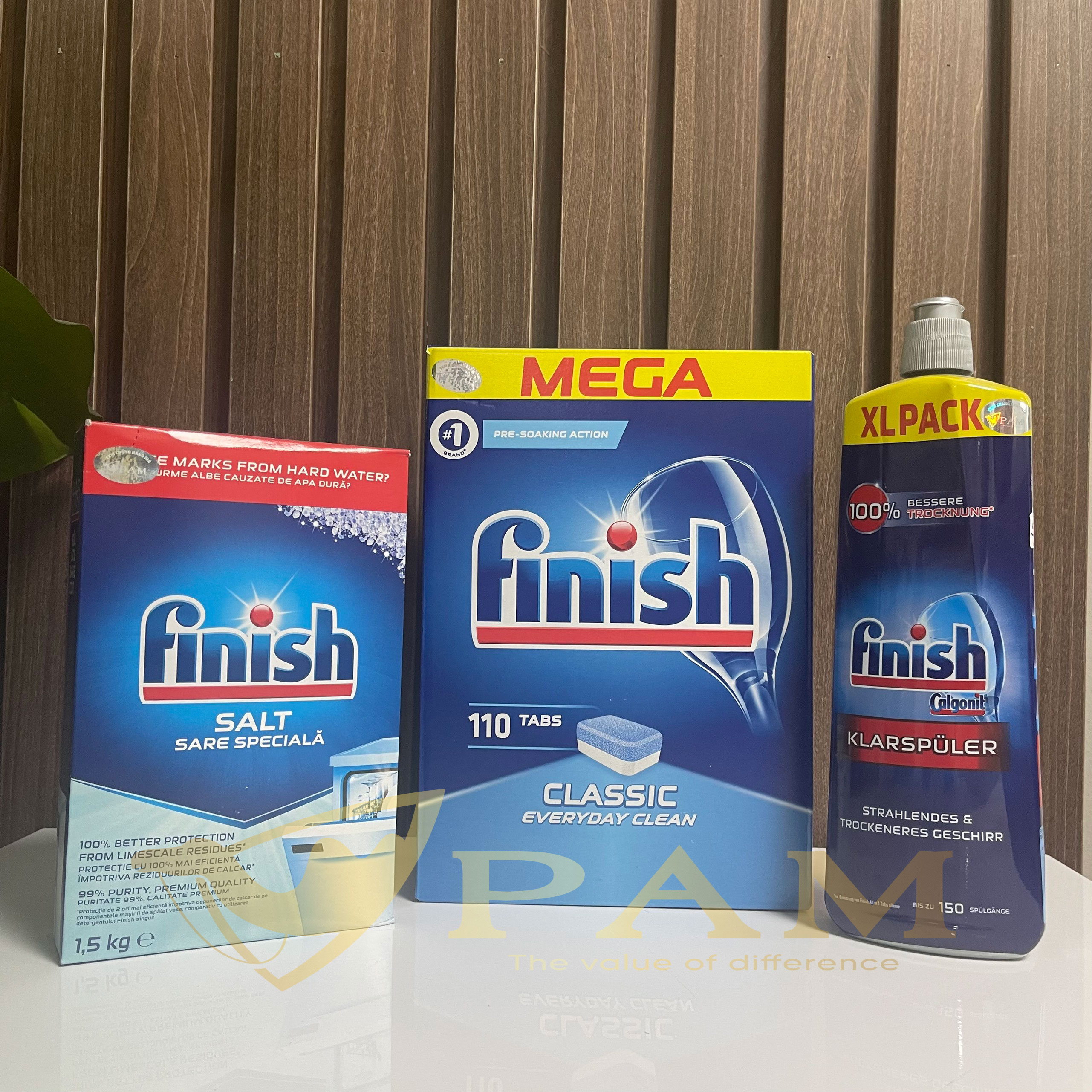 Combo Viên rửa bát Finish Classic 110 viên + Muối Finish 1.5kg + Nước làm bóng Finish 750ml