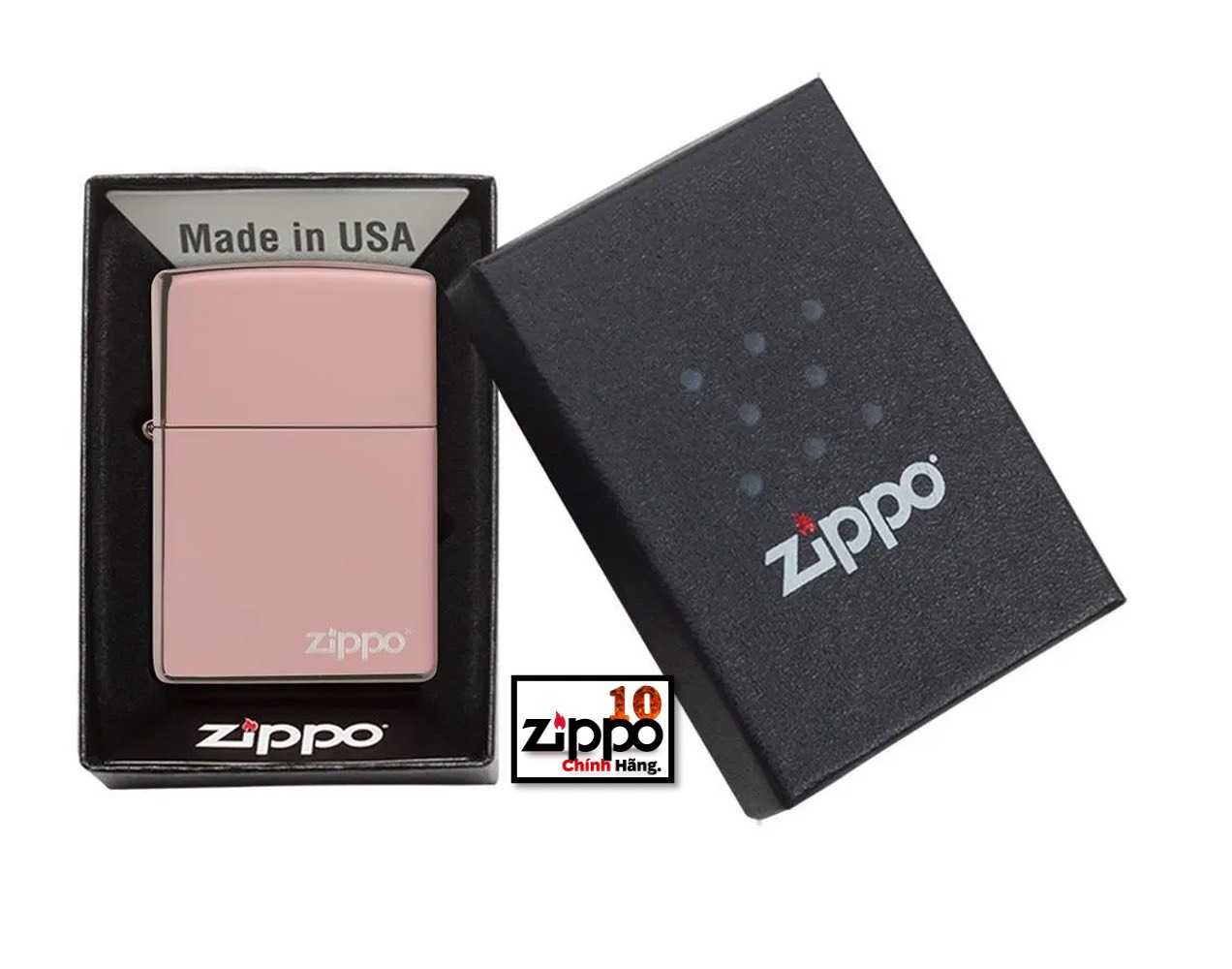 Bật Lửa Zippo 49190ZL High Polish Rose Gold W/Logo - Chính hãng 100%
