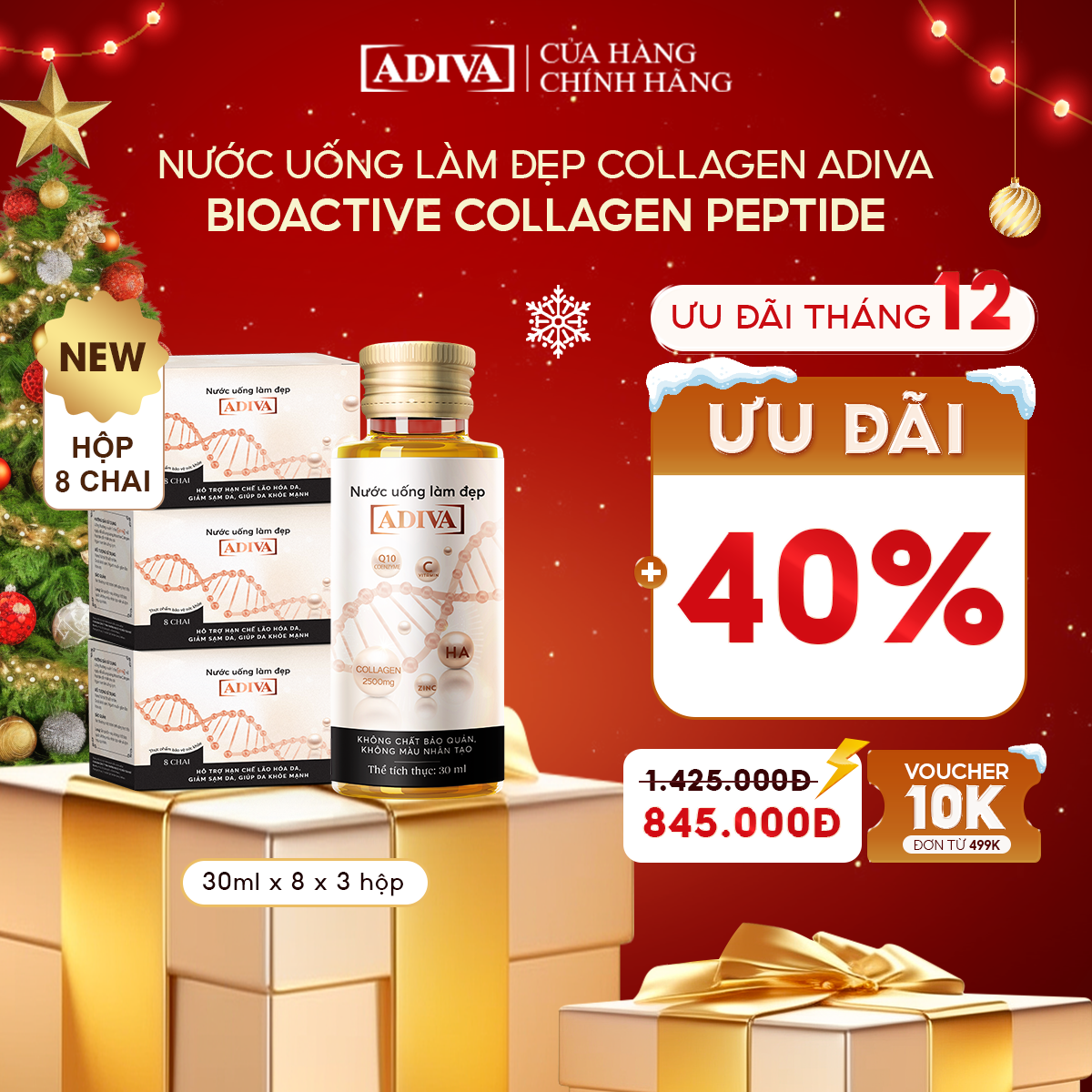 Combo 3 Hộp Nước Uống Làm Đẹp Collagen ADIVA (8 Chai/Hộp)- Giúp Làn Da Săn Chắc, Ảm Mịn Và Căng Bóng