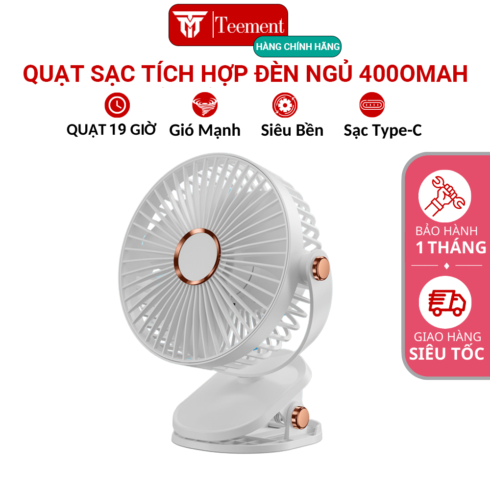 Quạt Mini Để Bàn , Quạt Tích Điện Tích Hợp Đèn Ngủ, Quạt Kẹp Bàn Teement - Quạt Cầm Tay 3 Tốc Độ, Điều Chỉnh Hướng Gió 360 Độ, Không Gây Ồn, Pin Sạc Dung Lượng Cao - Hàng Chính Hãng