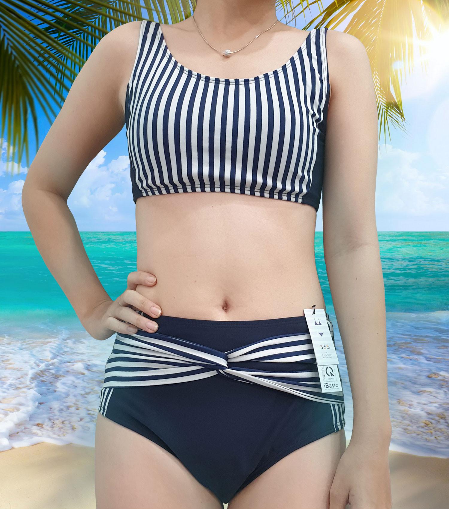 Bikini Hai Mảnh Croptop Thể Thao, Đồ Bơi Nữ Đi Tắm Biển Hai Mảnh Gợi Cảm, Phối Kẻ Sọc, Trẻ Trung, Năng Động iBasic BWWset002 - Hàng Chính Hãng