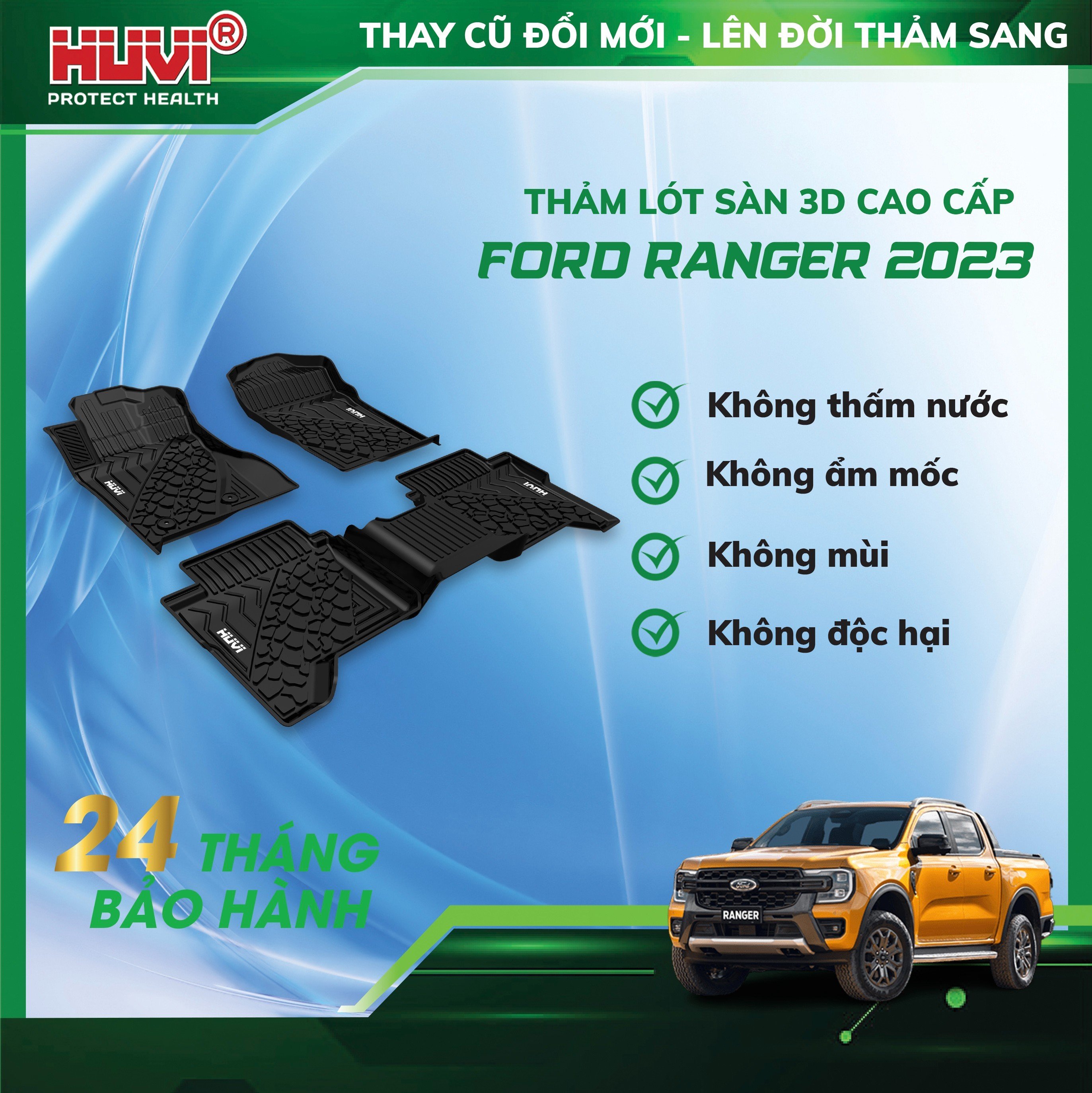 Thảm lót sàn ô tô 3D Ford Ranger 2023 nhựa TPE thân thiện môi trường