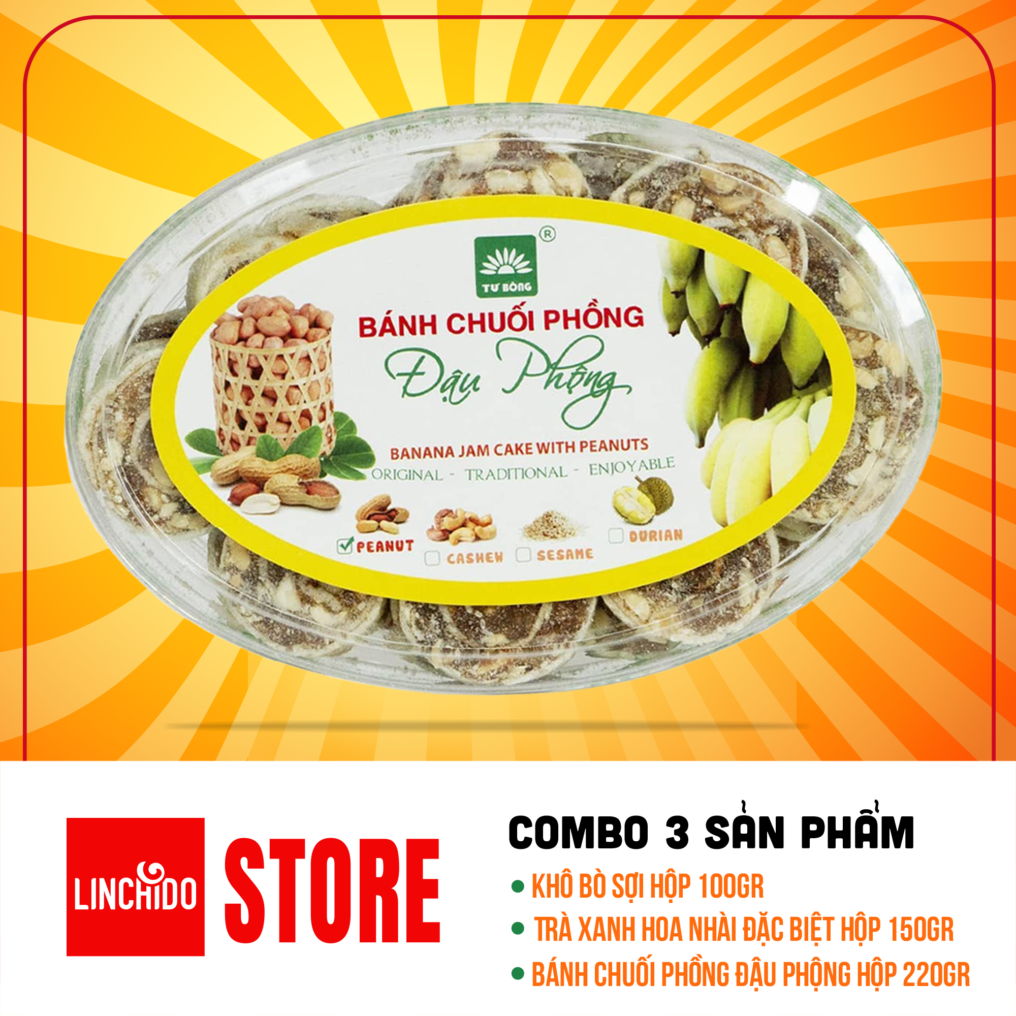 COMBO 3 MÓN ( Khô bò sợi hộp 100GR + Trà xanh hoa nhài đặc biệt hộp 150Gr + Bánh chuối phồng đậu phộng hộp 220GR )