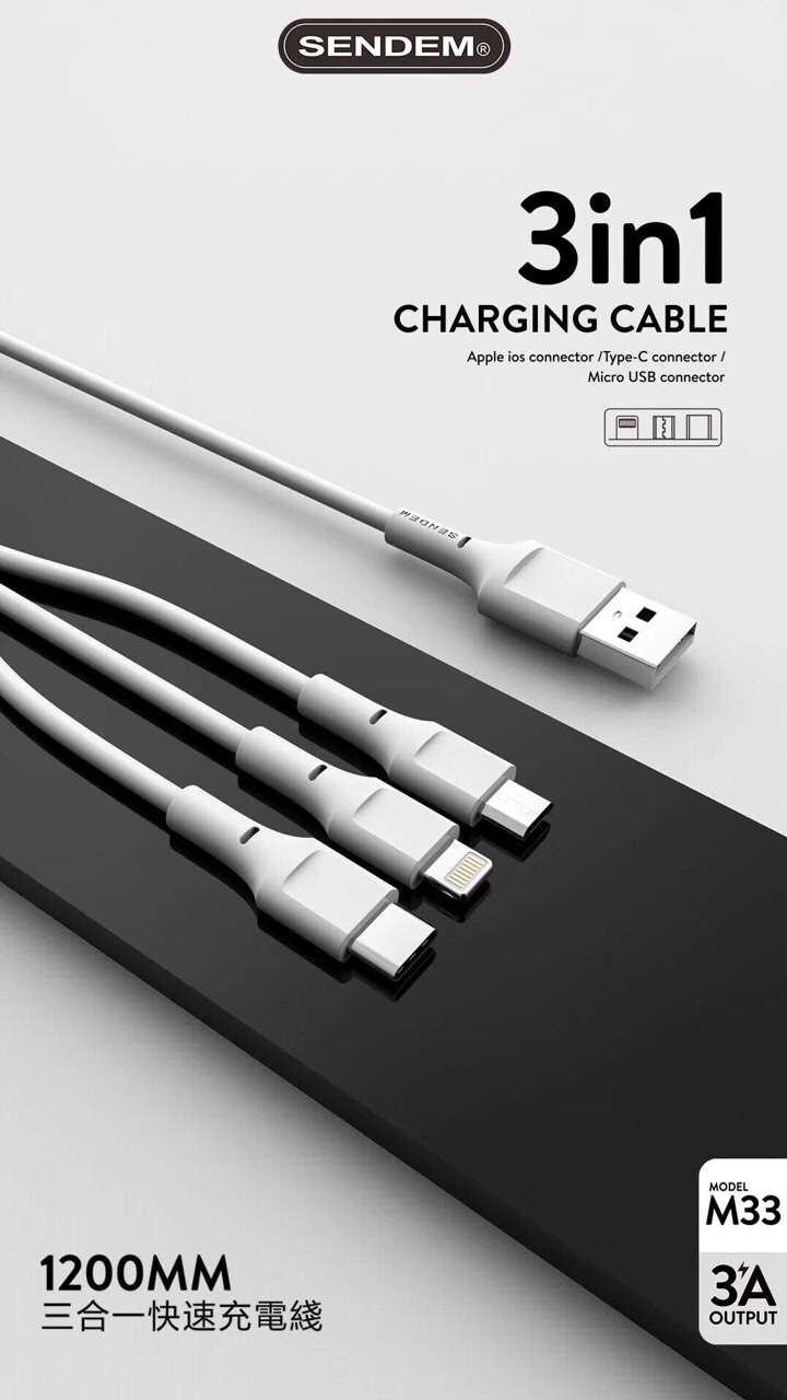 Cáp sạc 3 đầu: MicroUSB, Lightning, Typec Sendem M33 hỗ trợ sạc nhanh - Hàng chính hãng