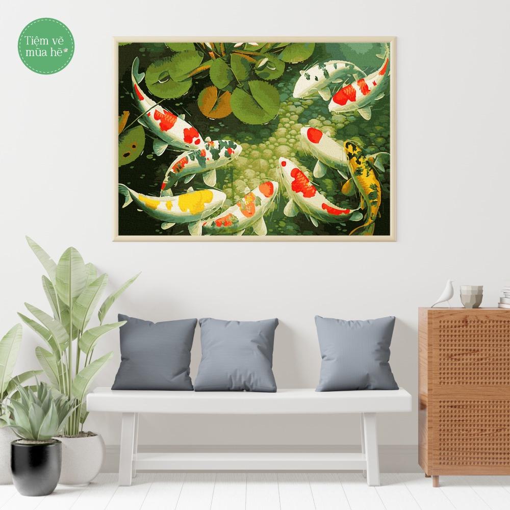 Tranh số hóa  - Cửu ngư quần hội đã căng khung 40x50cm 26 màu