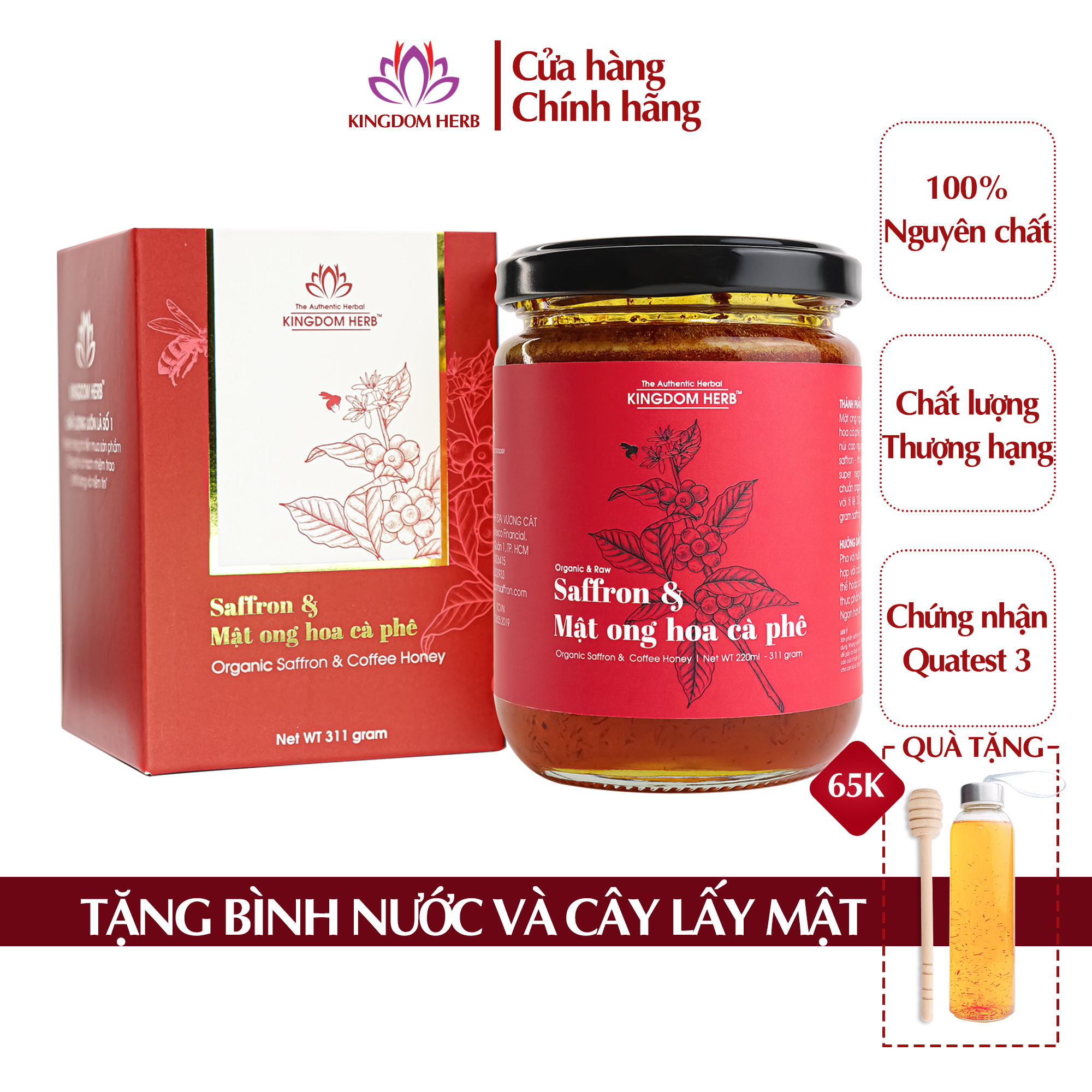 Saffron mật ong Kingdom Herb chính hãng thượng hạng nguyên chất 100% hộp 311g (tặng que lấy mật và bình thuỷ tinh)