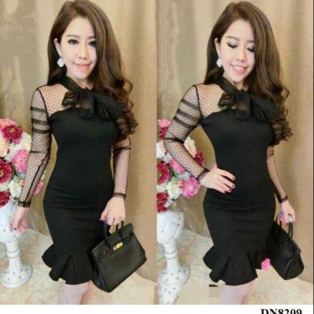 Đầm body đuôi cá tay lưới phối nơ xinh
