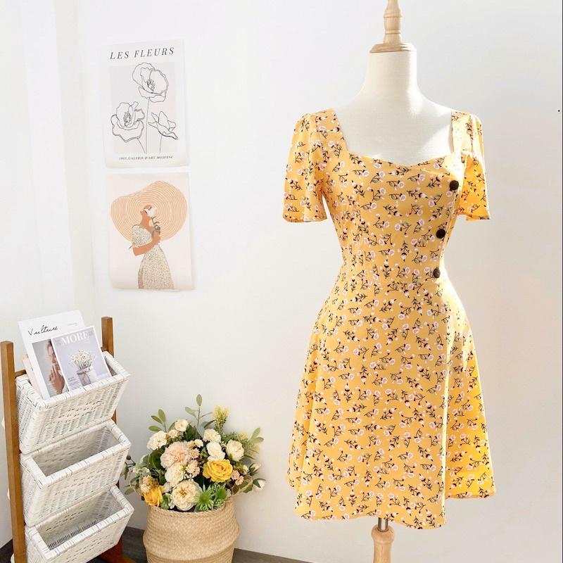Đầm nữ cổ vuông tay cánh tiên, đính nút dừa thân trên, hoa nhí-NA5