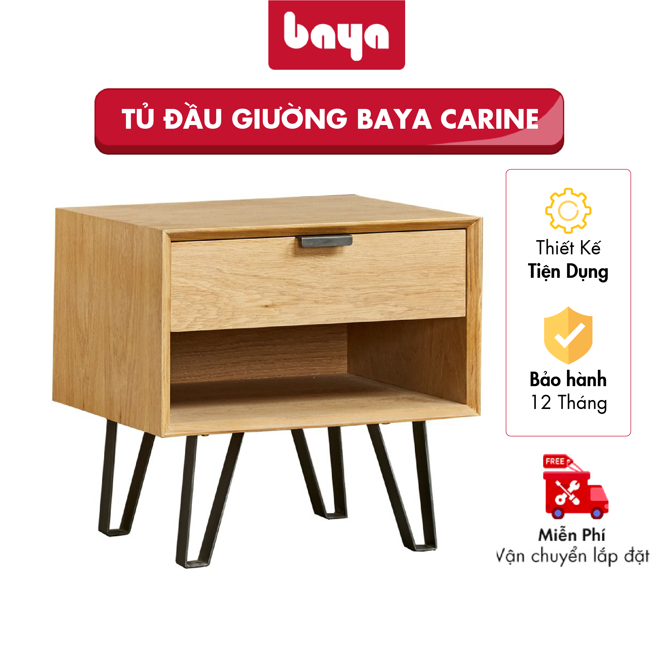 Tủ Đầu Giường BAYA CARINE Tab Đầu Giường 1 Ngăn Kéo Và 1 Hộc, Không Gian Lưu Trữ Rộng Rãi, Độ Bền Cao, Chắc Chắn W50xD45xH50 5274