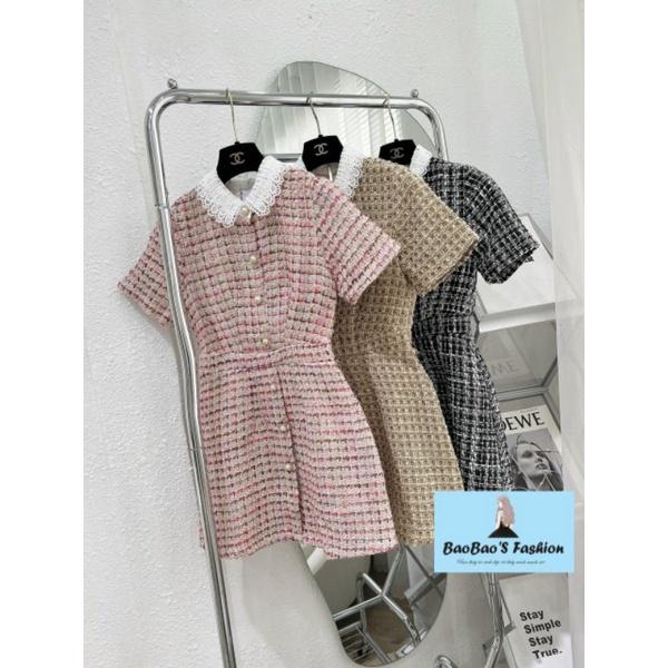 Đầm dạ 3 màu phối cổ ren cúc ngọc thanh lịch