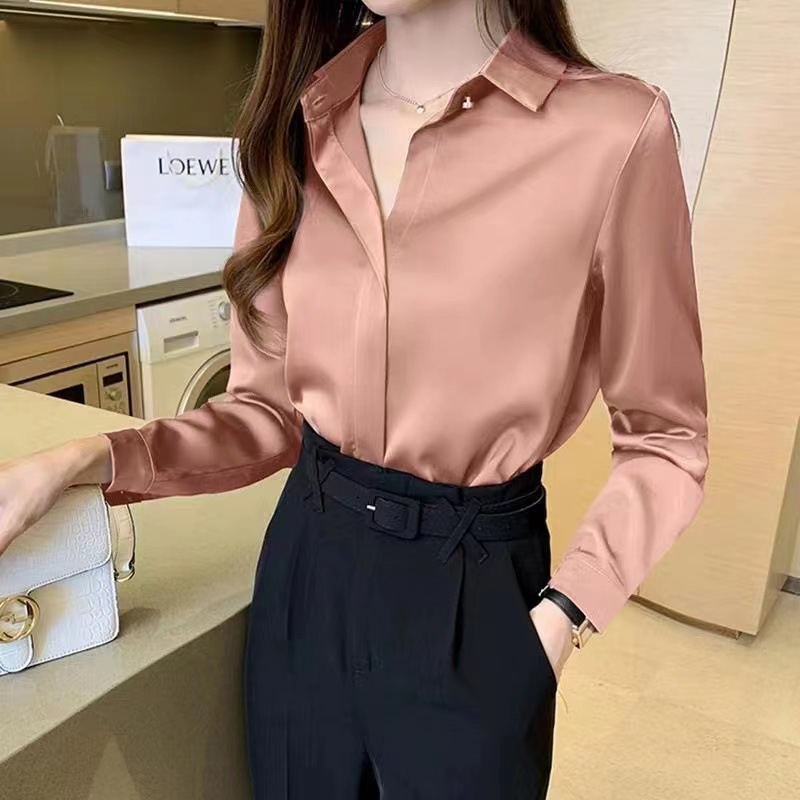 Áo Sơ Mi Lụa Satin Hồng Thiết Kế Phong Cách Châu Âu SM63 - Hàng Quảng Châu Cao Cấp