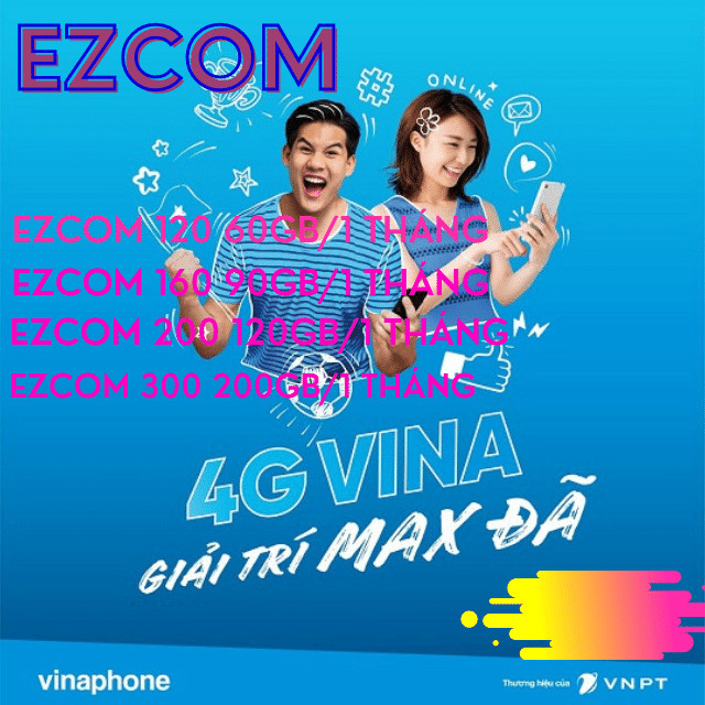 Sim 4G Vinaphone EzCom120Plus, 60GB/1 tháng, 720GB/1 năm, Trọn Gói 12 Tháng Không Nạp Tiền, Hàng Chính Hãng