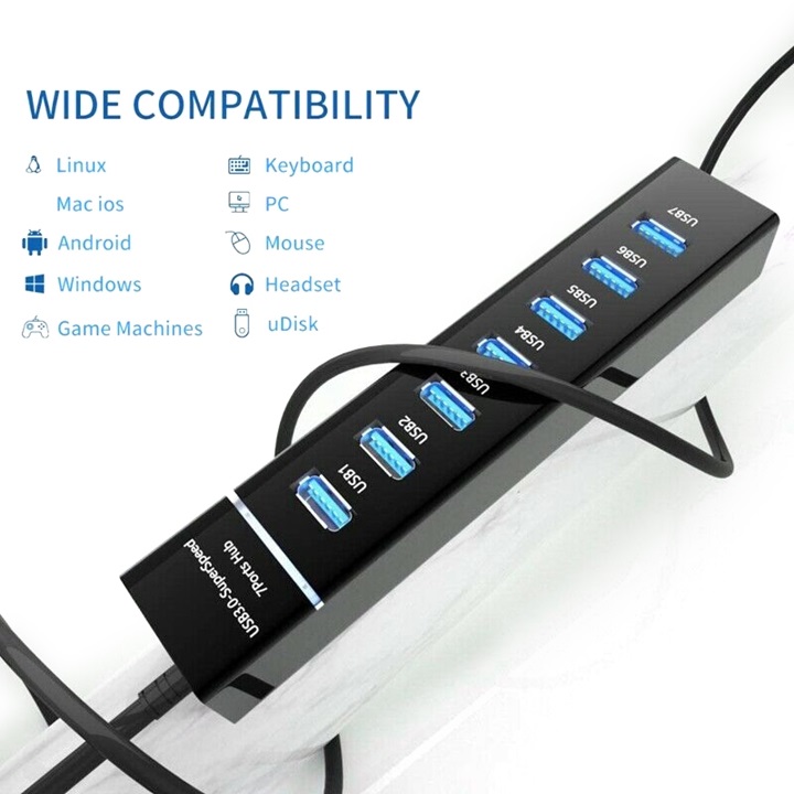 Bộ Chia, Hub Chia Cổng Usb 7 Port Tốc Độ Cao 3.0 Cho Laptop, Pc