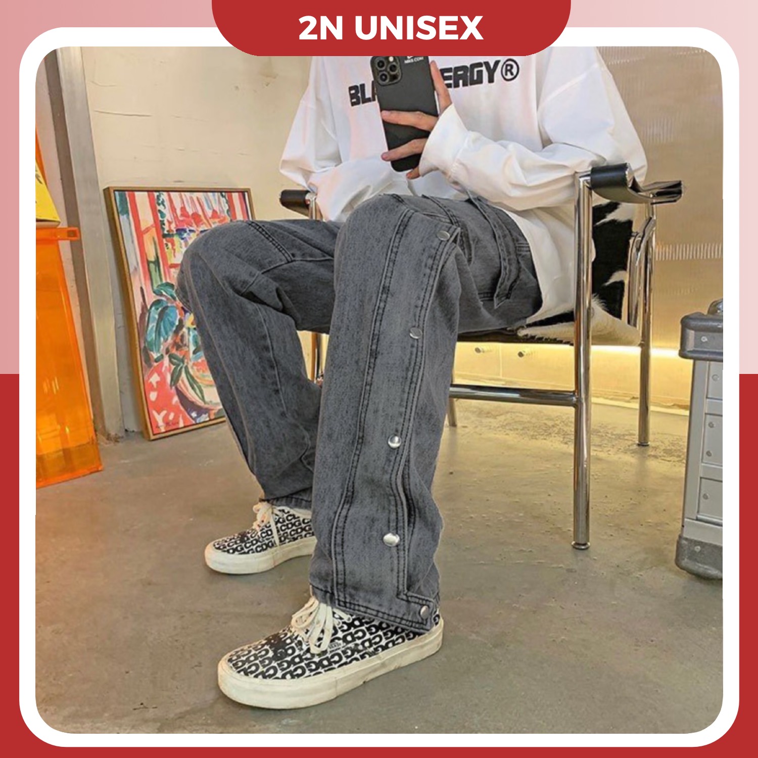 Quần jean nam nữ ống rộng 2N Unisex cài nút bấm hai bên màu xanh/xám Q04