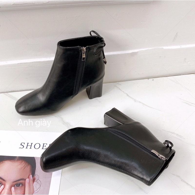 B45 - Bốt mũi vuông da lì khoá cạnh gót trụ 7p nơ nhỏ
