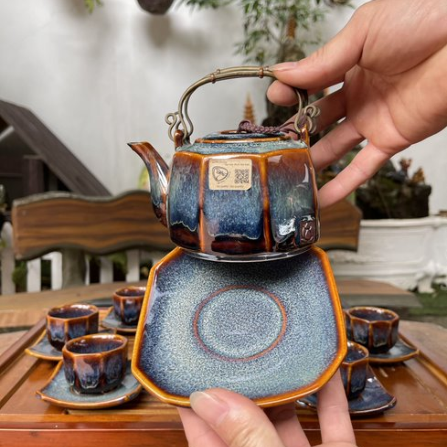 Bộ ấm chén uống trà cao cấp , bộ ấm trà Bát Tràng - hỏa biến bát giác tím