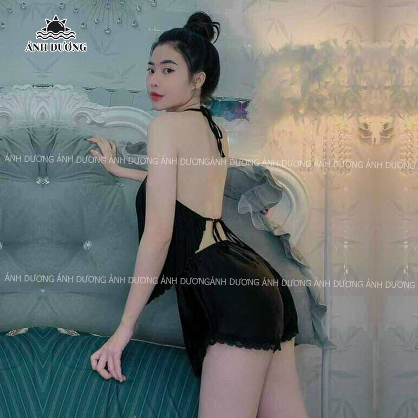 Đồ ngủ nữ sexy dập ly cổ yếm cột dây vải phi bóng phối ren Ánh Dương Clothing