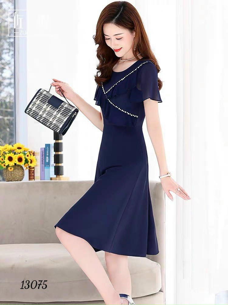 Đầm váy nữ trung niên voan ép đá dự tiệc dạo phố xanh hồng cao cấp