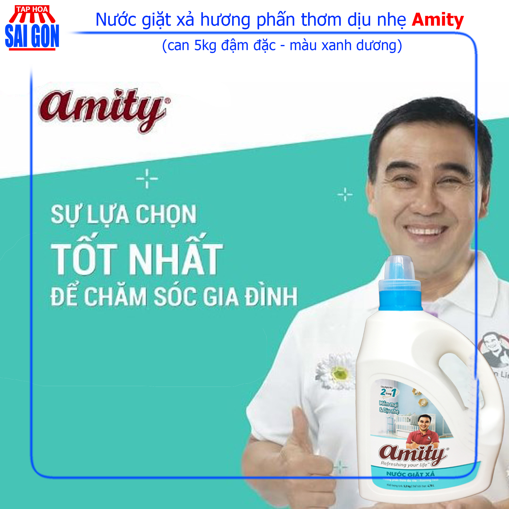 Nước Giặt Xả Amity hương phấm thơm dịu nhẹ (xanh dương) can 5kg giúp giữ mùi thơm nhẹ nhàng suốt cả ngày