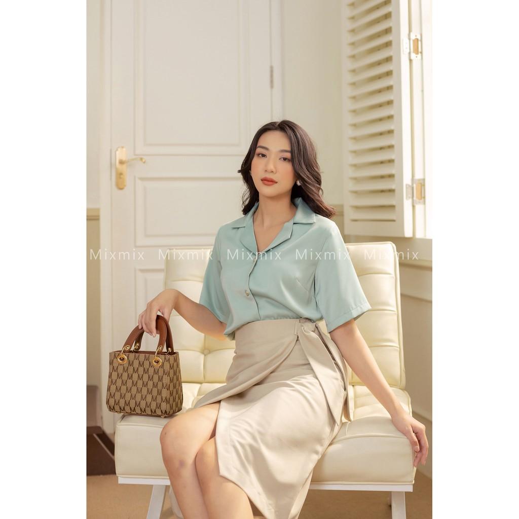 Áo sơ mi lụa Adela tay ngắn cổ đanton