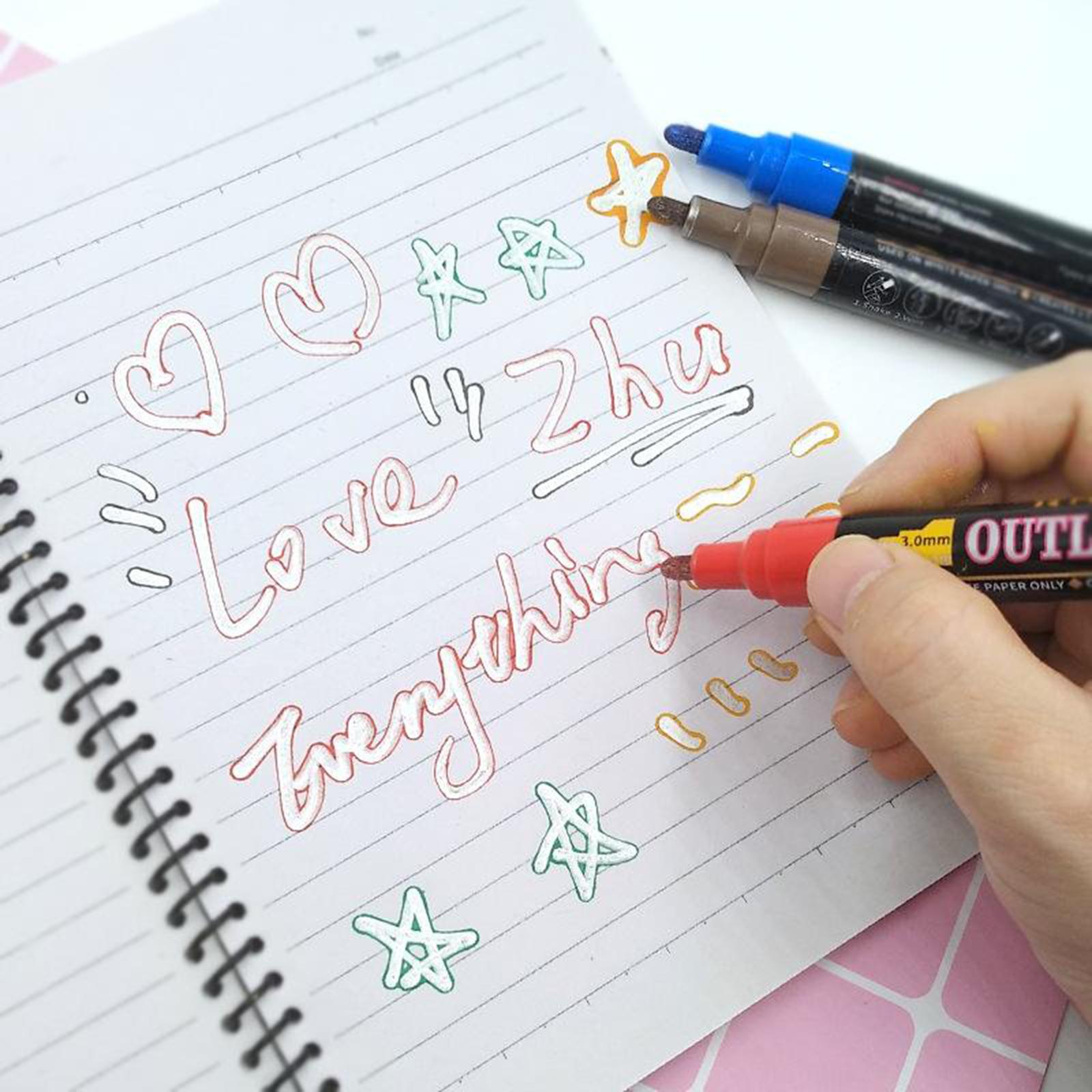 Double Line Outline Pens,12 Colours Outline Pens Fluorescent Glitter Two-Line Pen Permanent Marker Waterproof Pen for Card Making