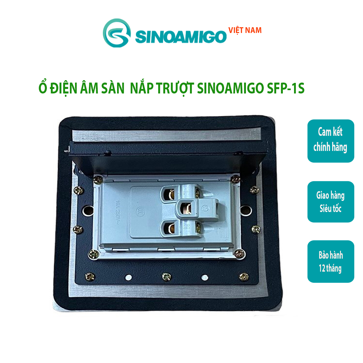 Hộp ổ cắm âm sàn nắp trượt Sinoamigo SFP-1S màu bạc. Thiết kế nắp trượt, chất liệu thép không gỉ chống oxy hóa - Hàng chính hãng