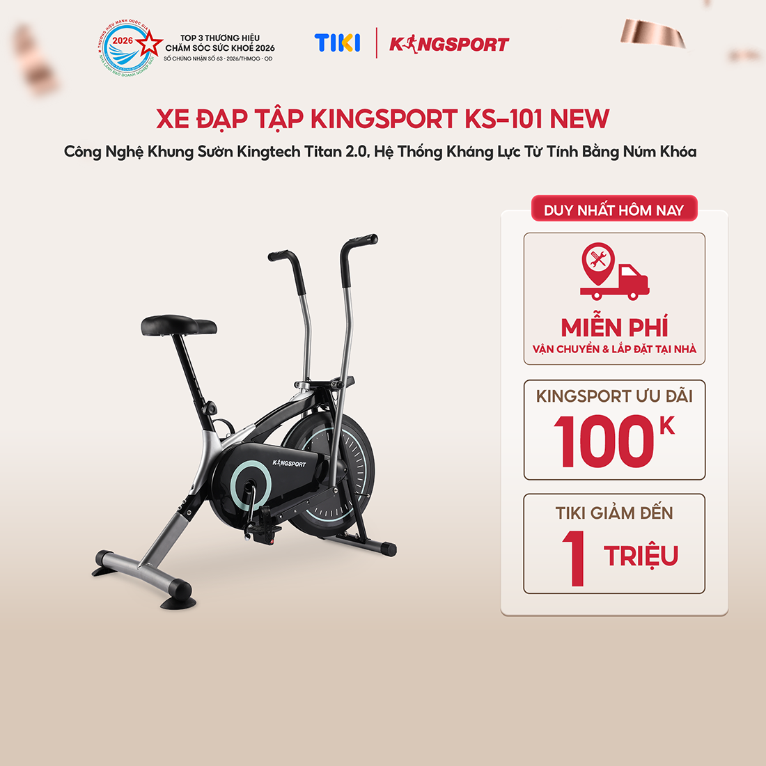 Miễn phí lắp đặt Xe đạp tập KINGSPORT KS-101 tập luyện toàn thân, tích hợp đồng hồ đo lường chỉ số, cân nặng phù hợp từ dưới 75kg