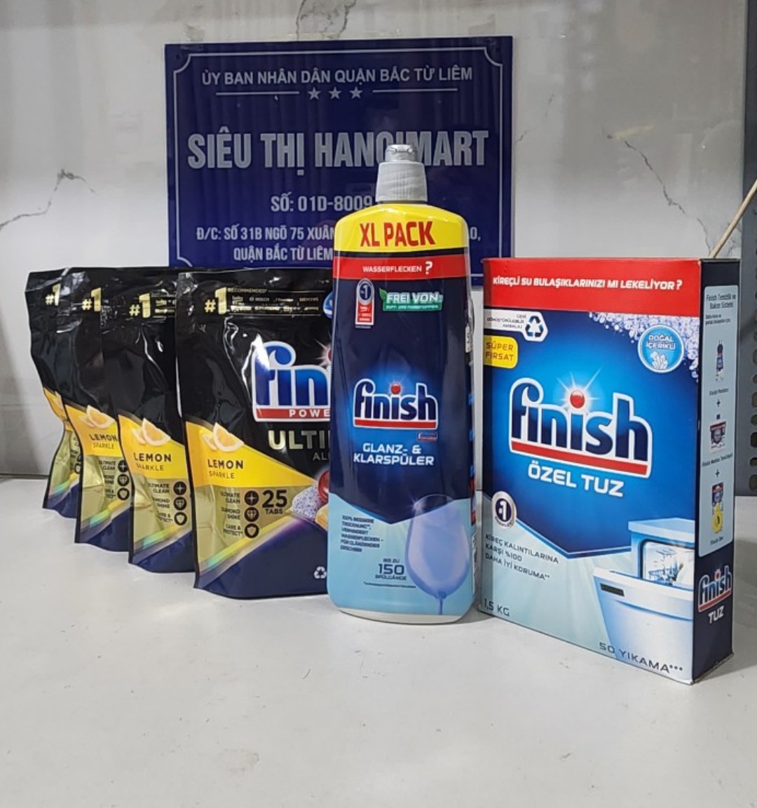 Combo Viên rửa bát Finish Quantum Ultimate 100 Viên + Muối Finish 1,5kg + Nước làm bóng Finish 750ml
