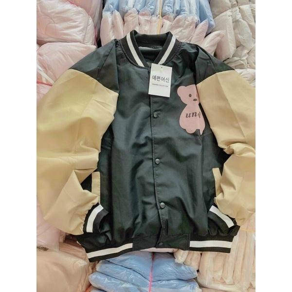 Áo khoác bomber bóng chày dù mero 2 lớp in gấu phối tay unisex ulzzang nam nữ