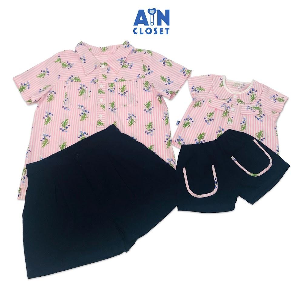 Bộ quần áo ngắn cho mẹ họa tiết Kẻ hồng hoa tím quần xanh cotton - AICDMEVXZLOF - AIN Closet