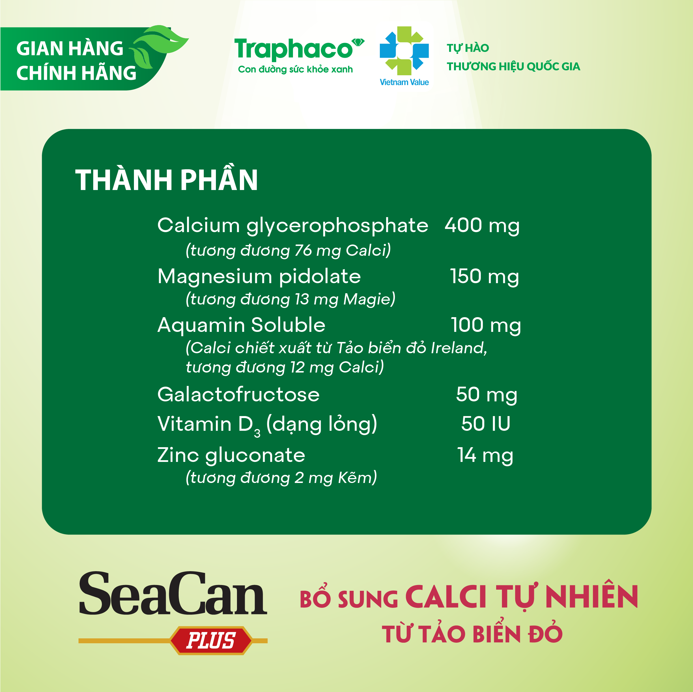 Bổ Sung Canxi SEACAN PLUS Traphaco Giúp Răng Xương Chắc Khỏe, Ngừa Loãng Xương, Tảo Biển Đỏ Hộp 4 Vỉ x 5 Ống Uống 10ml