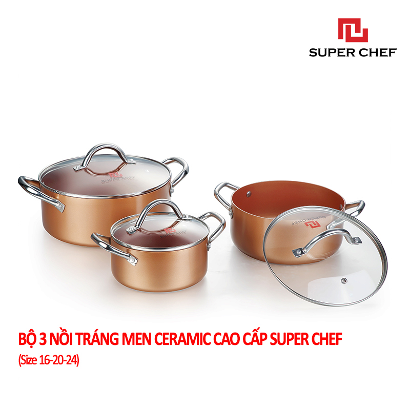 Bộ Nồi Bếp Từ Super Chef Tráng Men Gốm Ceramic Chống Dính An Toàn Sức Khỏe Không Bong Tróc, Hạn Chế Trầy Siêu Bền Bỉ, Dày Dặn Chín Đều Thơm Ngon ( 3 cái 16-20-24Cm)