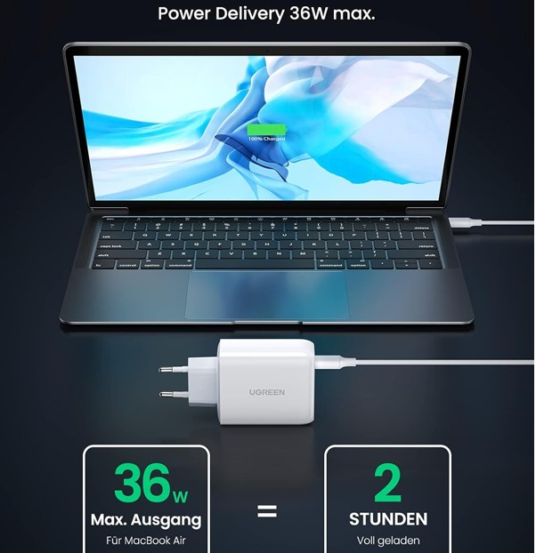 Củ Sạc nhanh 2 cổng USB A và USB Type-C 36W Ugreen 60468 màu trắng - Hàng chính hãng