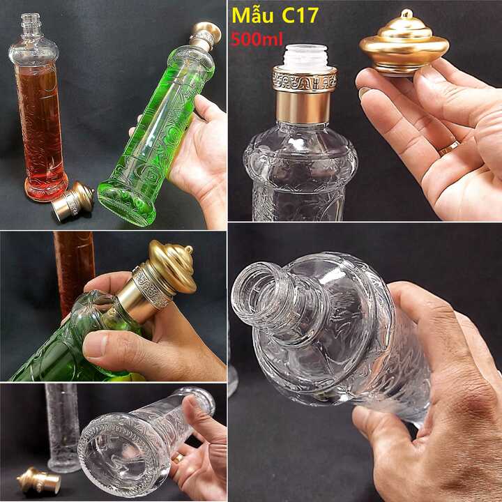 Vỏ Chai Thủy Tinh 500ml cao cấp họa tiết Rồng - mẫu Trụ Cao – nắp nhựa kiểu Tháp màu Đồng – chưng bàn ăn vô cùng sang trọng