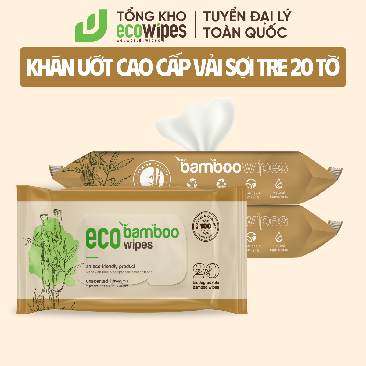 Khăn giấy ướt cao cấp EcoWipes vải sợi tre sinh thái Bamboo không mùi có thể phân hủy trong môi trường