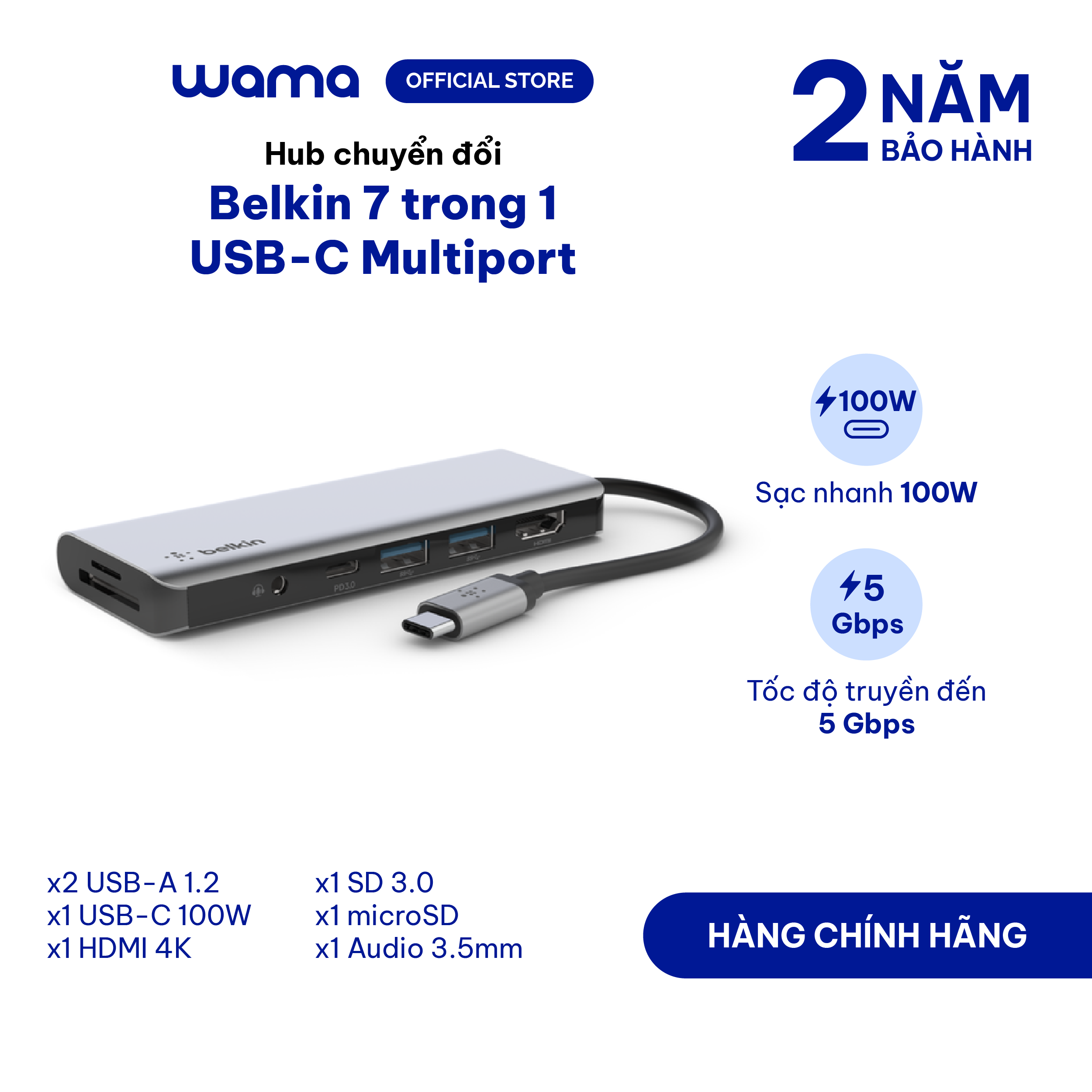 Hub chuyển đổi Belkin 7 trong 1 USB-C Multiport - Sạc PD 100W - Hàng chính hãng - Bảo hành 2 năm