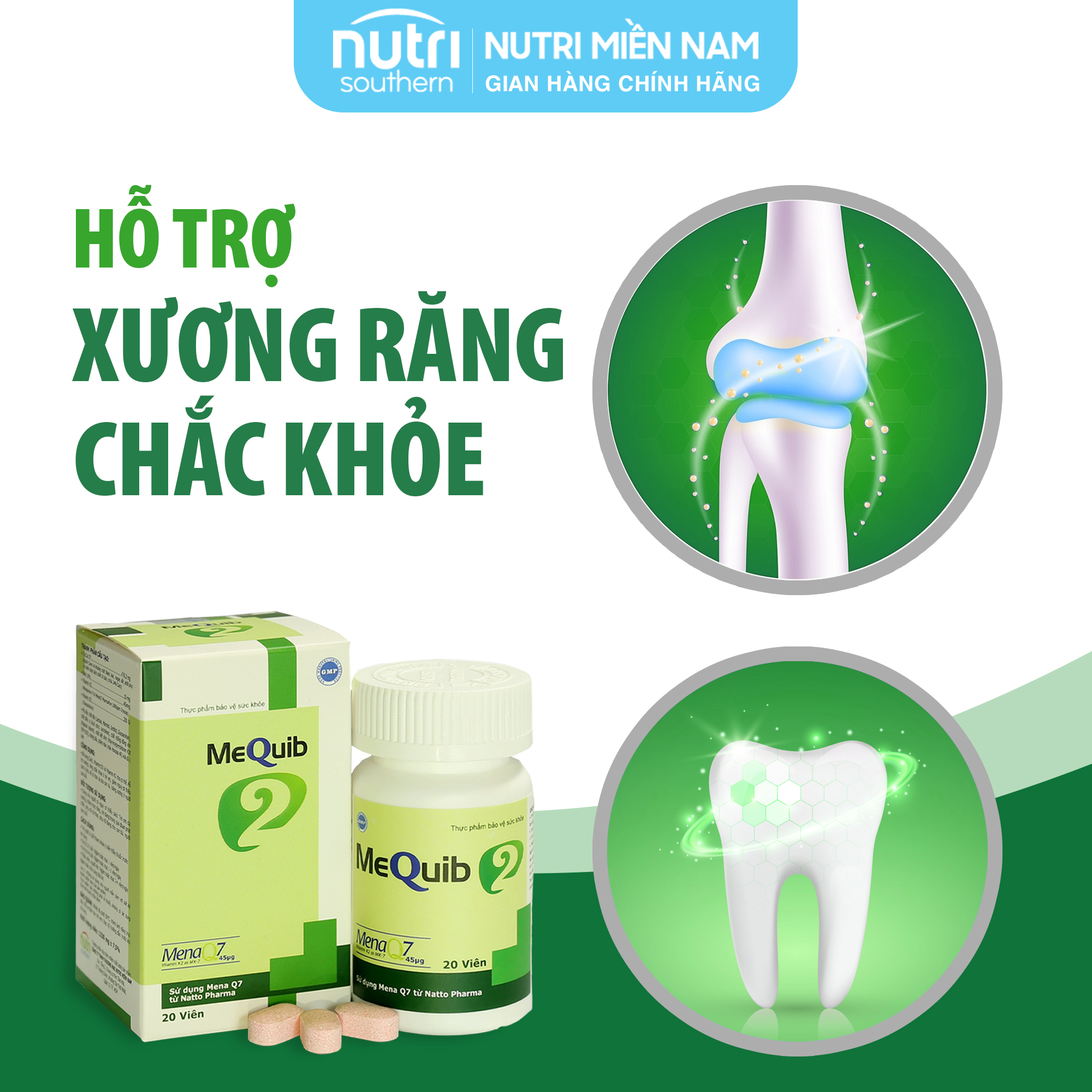 Viên ngậm Vitamin D3 K2 MK7 MenaQ7 và Canxi MEQUIB 2 - Giúp xương chắc khỏe, tăng cường phát triển chiều cao (hộp 20 viên)