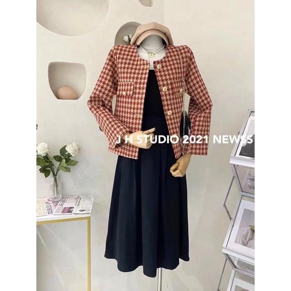 Áo khoác dạ tweed đỏ khuy vàng hàng QC