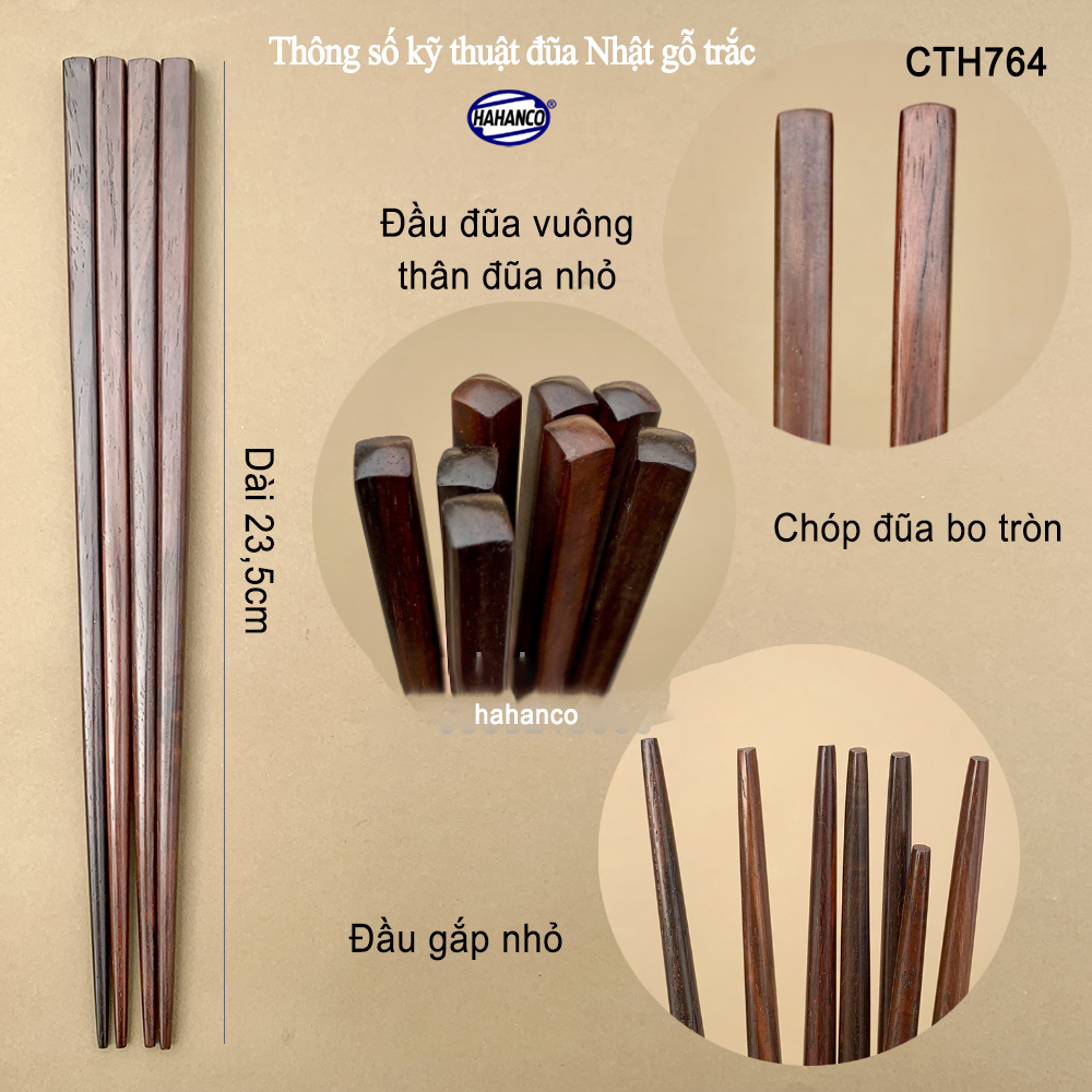 Đũa Nhật gỗ trắc đầu vuông xuất Nhật siêu sạch - gỗ tự nhiên an toàn cho sức khỏe - CTH764 - Chopstick of HAHANCO