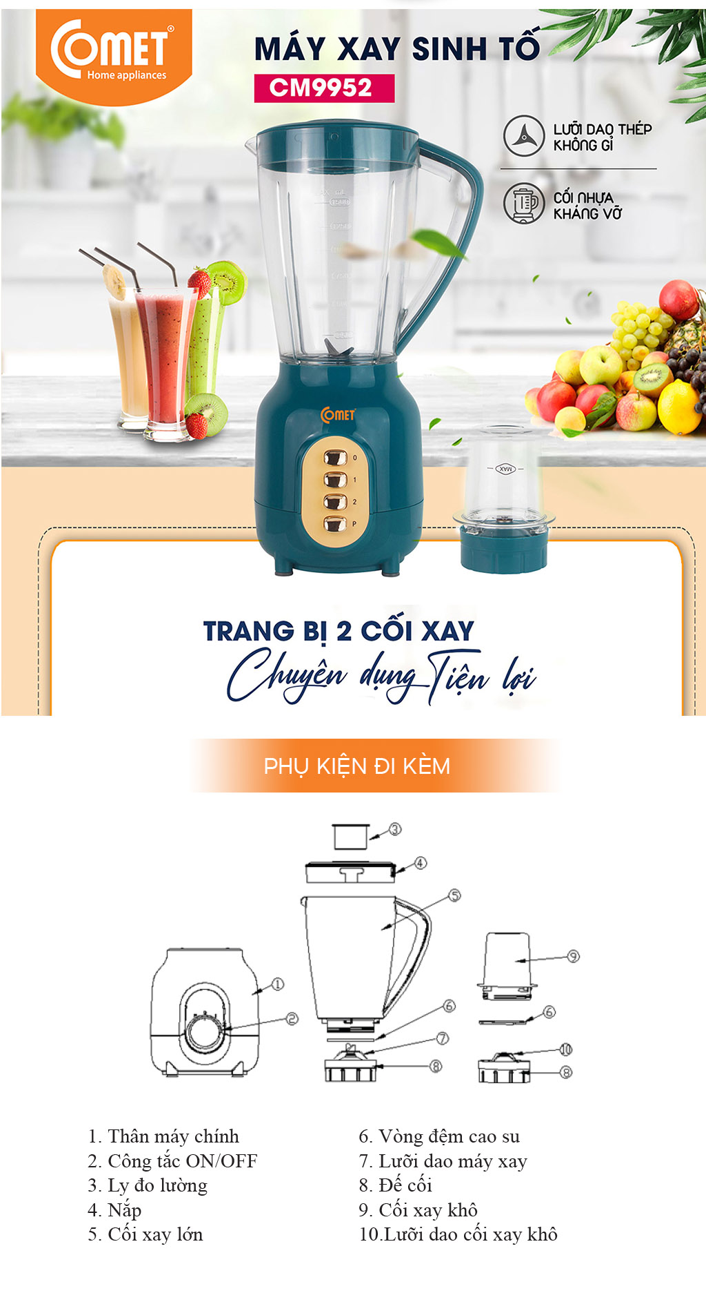 Máy Xay Sinh Tố Comet CM9952 – 450W, Cối Nhựa Kháng Vỡ 1.5L, Lưỡi Dao Inox Sắc Bén - Hàng chính hãng