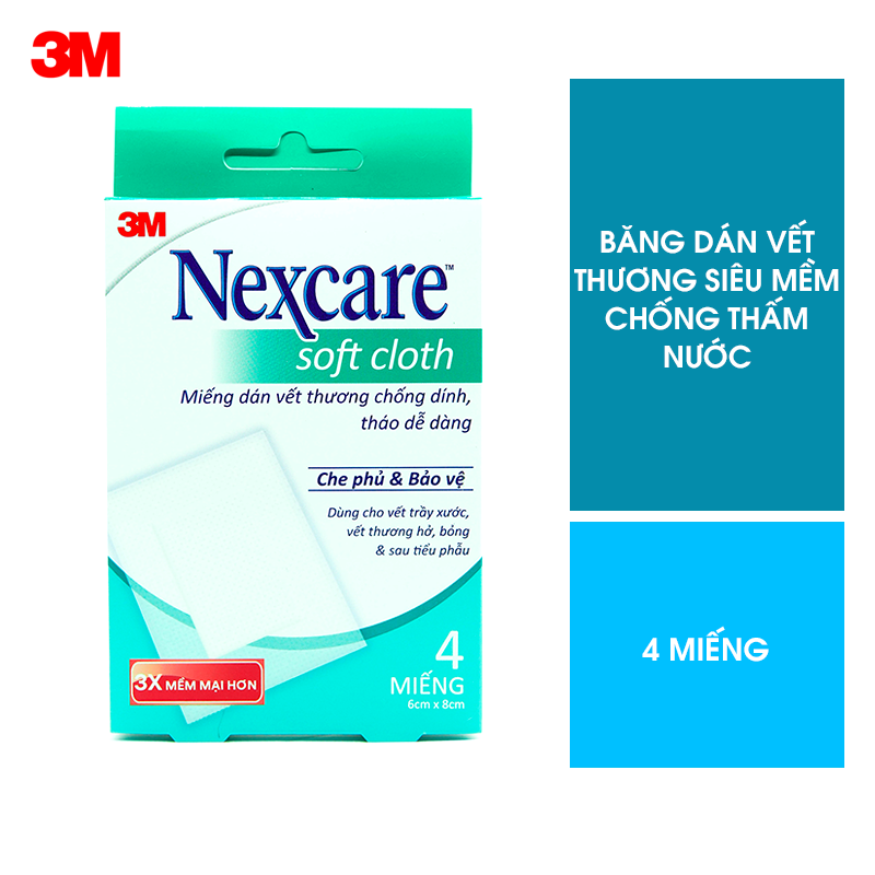 Băng dán bảo vệ vết thương vải mềm Nexcare 3M 6X8cm hộp 4 miếng - Siêu dính, chống thấm nước B300