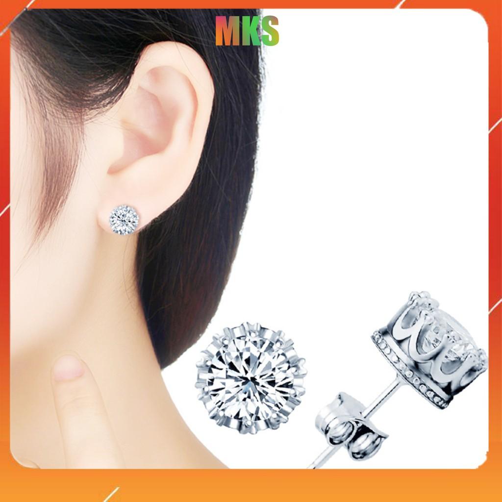 Hoa tai bạc ý, bông bạc tai unisex bac 925 phong cách nam nữ vương miện đinh đá AAA khí chất Hàn Quốc.