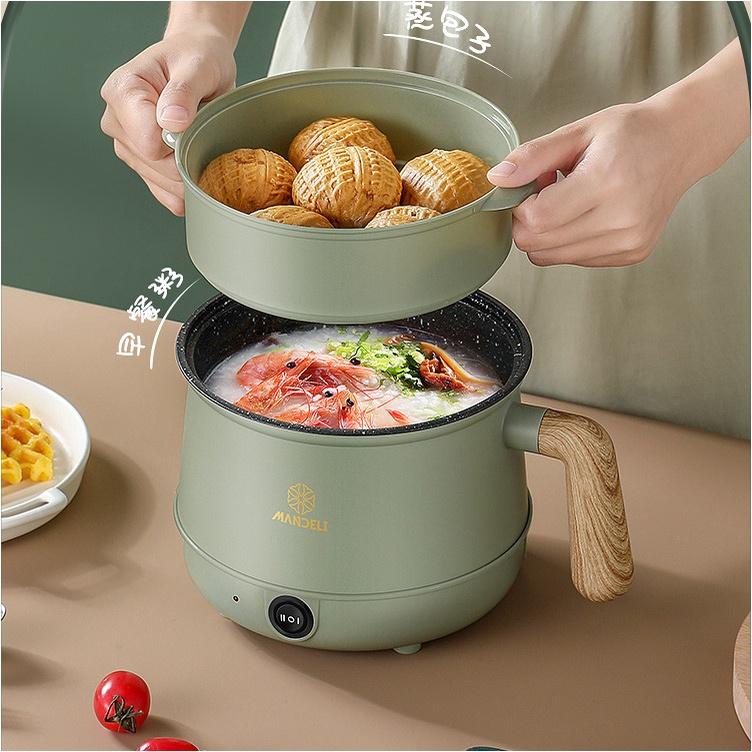 Nồi Lẩu Điện Mini Đa Năng G01, 2 Nấc Nhiệt Chống Dính Tay Cầm Cán Gỗ, Ca Nấu Mì, Nấu Cơm Tặng Kèm Giá Hấp