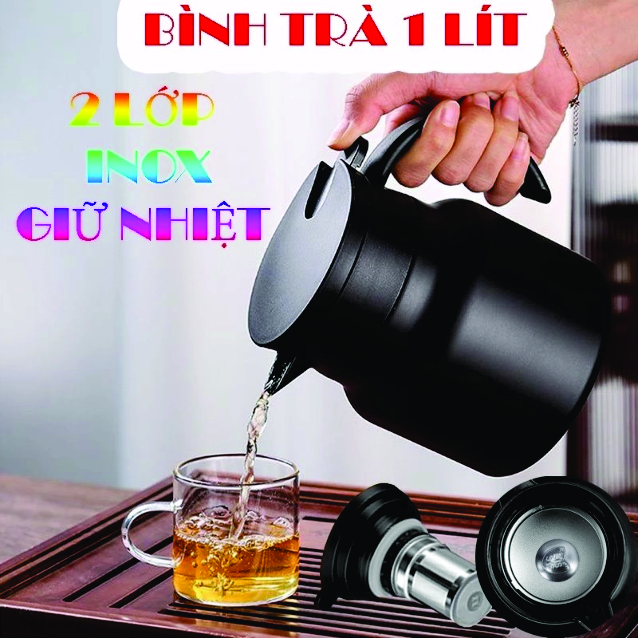 Bình trà giữ nhiệt có lưới lọc trà lõi inox dung tích 1 lít - Phích nước nóng có tay cầm - Hàng cao cấp - Màu ngẫu nhiên