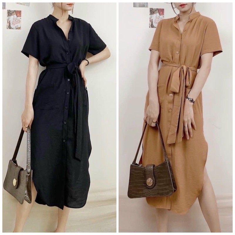 Đầm bầu sơ mi công sở tà bầu cột eo, Váy đầm form gọn cho mẹ mặc trước và sau sinh